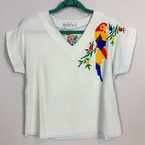 Vintage Embroidered Parrot 50s Single-Stitch V-neck Shirt M - Picture 1 of 12